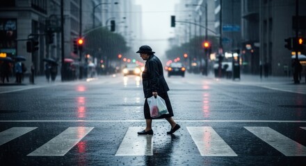 Elderly woman crosses a busy street in the rain