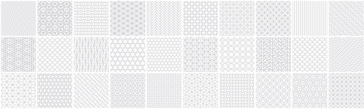 Collection of white and grey seamless ornamental geometric patterns - vintage design. Vector repeatable grid textures - monochrome symmetric ornate prints