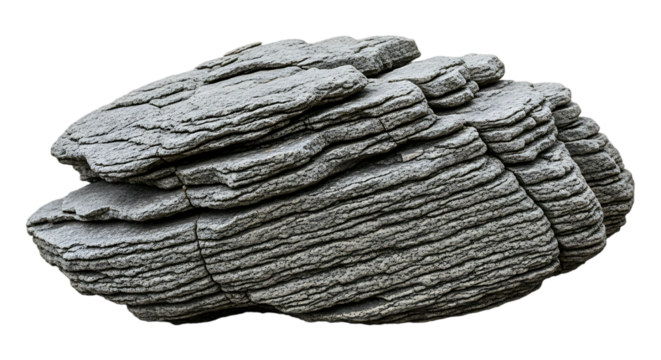 Layered grey rock formation with detailed texture isolated on transparent background