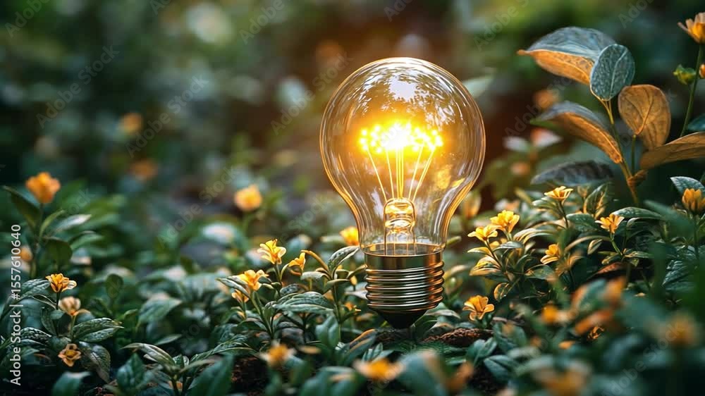 Poster glowing bulb in nature: an incandescent light bulb glows brightly amidst a vibrant array of greenery