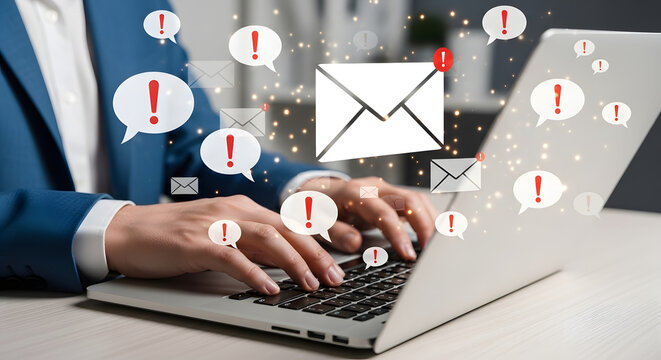 Businessman Overwhelmed by Email Spam and Alert Notifications on Laptop - Powered by Adobe