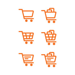 Shopping Cart Line Icons – Flat Vector Illustration Collection of orange shopping cart line icons, representing online purchase, retail business, and e-commerce checkout process in minimal flat design