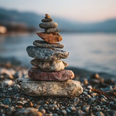 Peaceful Stacked Stones on Riverbank at Sunset with Soft Light