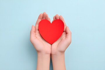 Obraz premium Top view of hands gently holding a red heart on a light blue background. Concept of love, care, charity, and emotional support.