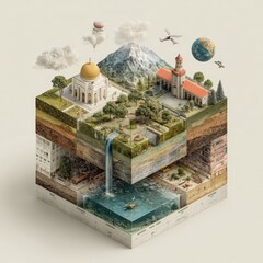 Artistic representation of layered ecosystems in an abstract landscape