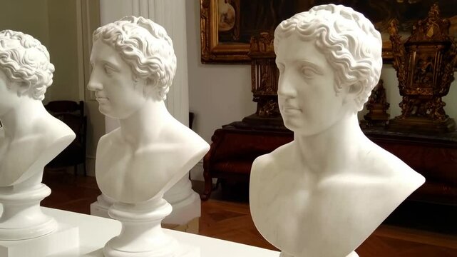 Row of three white marble bust sculptures on display inside museum exhibit, showcasing classical art and artistic heritage.