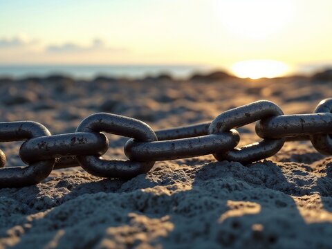Rusty chain lying on sandy beach at sunset by the ocean   - Powered by Adobe