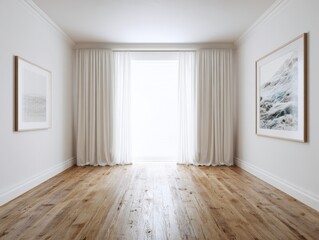 Fototapeta premium A room with a white curtain and a picture on the wall. The curtain is open and the room is empty
