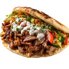 Close up of a doner kebab sandwich filled with meat vegetables and a creamy white sauce on flatbread