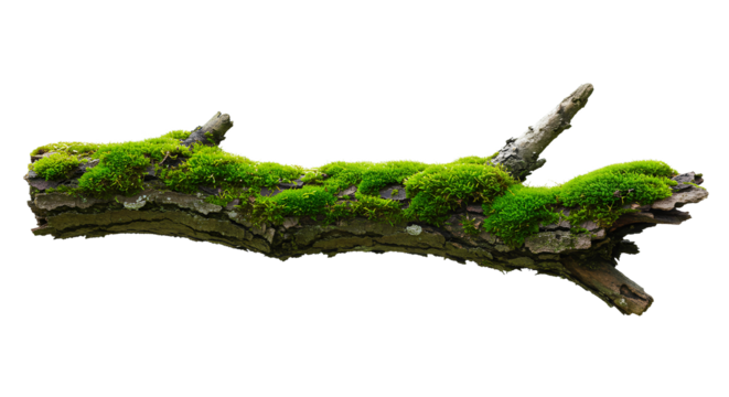 moss covered branch PNG. Green moss covering wood log isolated. Branch full of green moss for nature elements and botany campaigns PNG