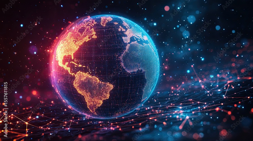 Aufkleber pixelated earth with digital rings, abstract globe visualization with colorful low-resolution patter