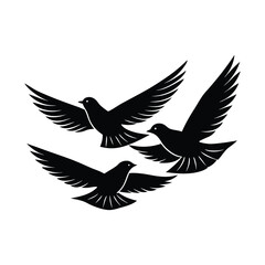 Three elegant birds in flight with outstretched wings depicted in a striking silhouette style
