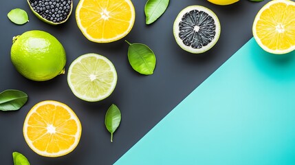 Vibrant Citrus Fruits Flatlay on Teal and Gray Background