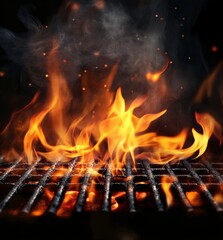 Fiery Grill Grate with Bright Flames and Smoke