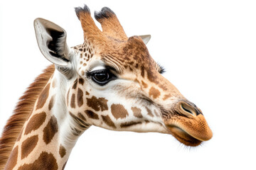 Fototapeta premium A close-up of a giraffe's head, focusing on its large eyes and long neck, isolated on a simple white backdrop. 