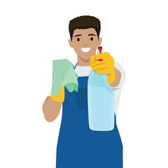 Cheerful cleaner wearing gloves and an apron holds a spray bottle and cleaning cloth. Flat vector illustration isolated on white background