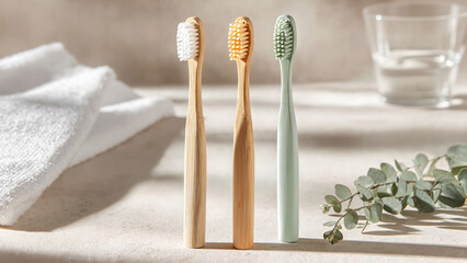 Pastel colored eco-friendly toothbrushes with natural bristles on serene bathroom countertop