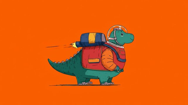 A green dinosaur wearing a spacesuit with a rocket pack on an orange background