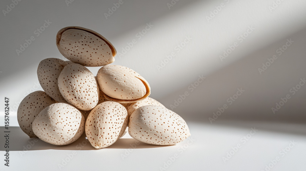 Poster a close-up of a pile of whole almonds in their shells, isolated on a white background with soft shad