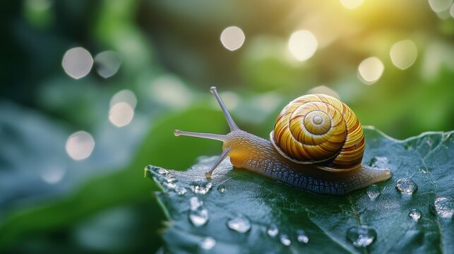 A snail rests on a green leaf with water droplets present
