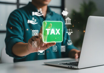 Man Touching a Digital "Tax" Button with Financial Icons, Illustrating Online Taxation and Fiscal Management