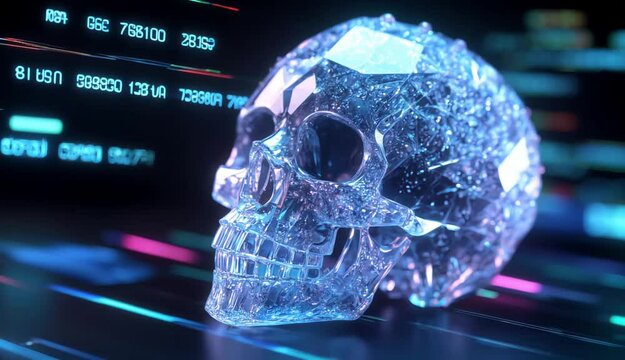 The crystal skull lies among neon nets and computer code, the concept of the superiority of artificial intelligence