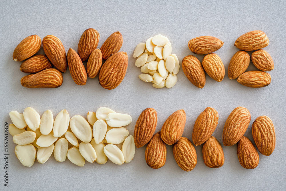 Poster a collection of whole almonds and almond slivers arranged in a neat pattern on a light, neutral back