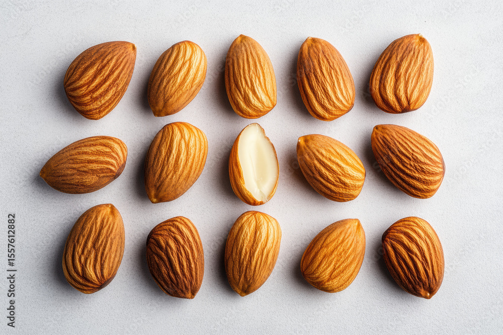 Poster a collection of whole almonds and almond slivers arranged in a neat pattern on a light, neutral back