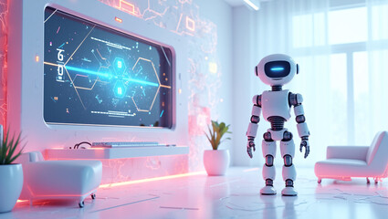 A small, white robot stands in a bright, modern room with a large screen displaying futuristic data, and minimalist furniture.