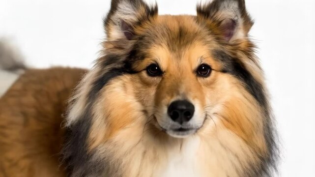 Portrait of a beautiful fluffy Shetland Sheepdog posing against a plain white background in the studio with elegant fur coat and smiling expression