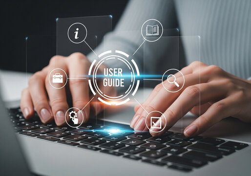 Hands Typing on Laptop with "User Guide" Text and Digital Icons, Illustrating Online Support and Documentation