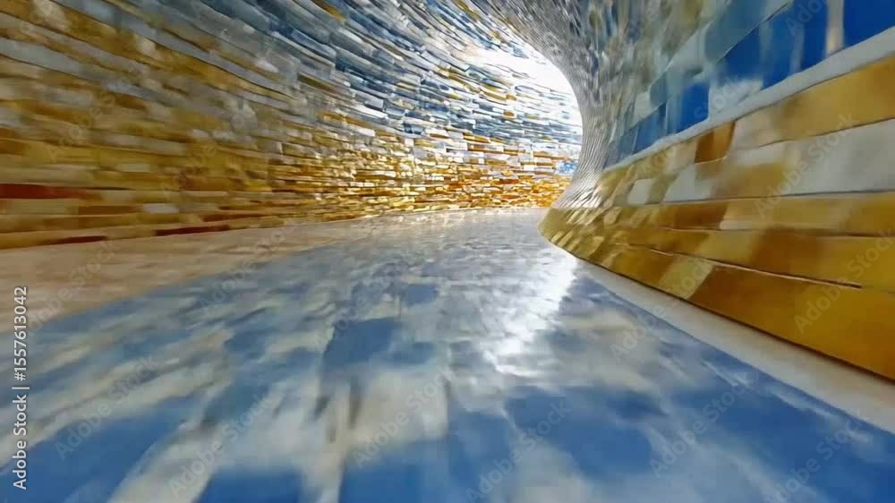 Poster Abstract Tunnel: An abstract tunnel with blue and yellow mosaic tiles stretching into the distance, creating a sense of depth and perspective