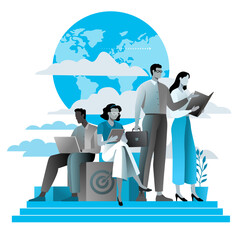 Business illustration. Leader and team looking for global opportunities.. Concept vector illustration 