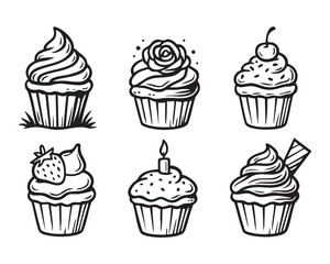 Vintage Cupcake Set with Toppings, Cherries, and Candle Decoration vector