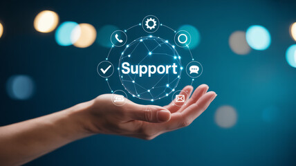 A business support interface hovering above a human hand, surrounded by digital icons and teal bokeh lighting.