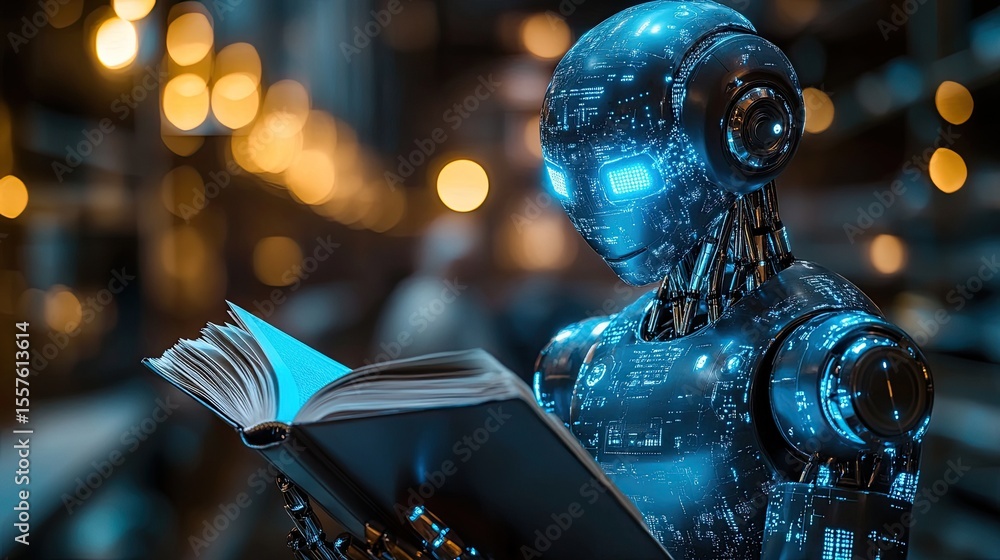 Aufkleber robot reading a book featuring glowing blue robotic figure holding a digital book illustrating ai, r