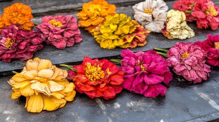 Vibrant Dried Marigold Flowers on Dark Surface