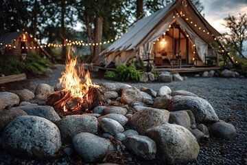Warm fire burning brightly in fire pit made of stones, illuminating glamping site with canvas tents and string lights at dusk, creating cozy and inviting atmosphere
