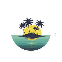 Tropical island with palm trees and sun reflected on the ocean surface