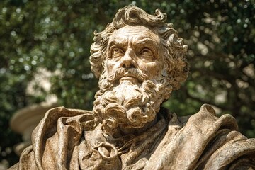 Close up of a weathered stone statue of homer, the legendary greek poet, with a thoughtful expression, his gaze fixed on some distant point, surrounded by a blurred natural background