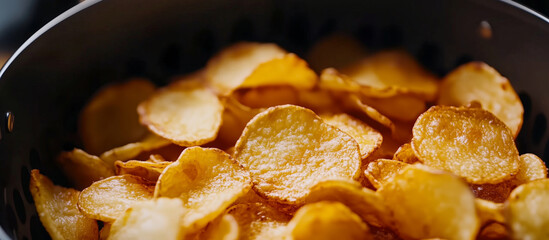 Crispy potato chips in frying basket, showcasing golden brown texture and deliciously crunchy appearance. Perfect for snacking