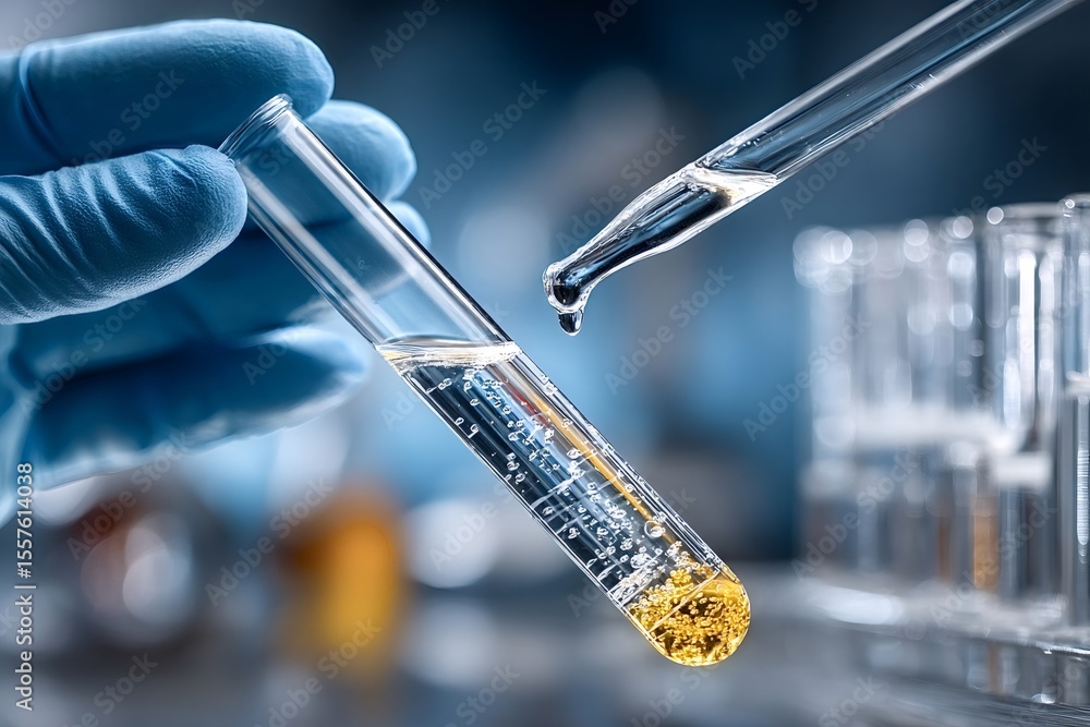 Poster gloved hand holding test tube while adding fluid with pipette during scientific experiment in labora