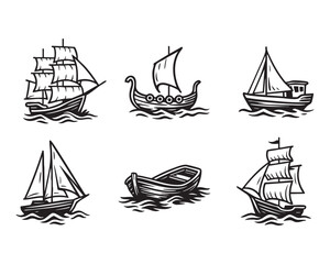 Vector Vintage Boat Collection with Sailing Ships and Viking Longboat