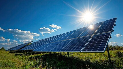 Rooftop solar panel array in bright daylight, sustainable energy source for clean electricity and environmental solutions