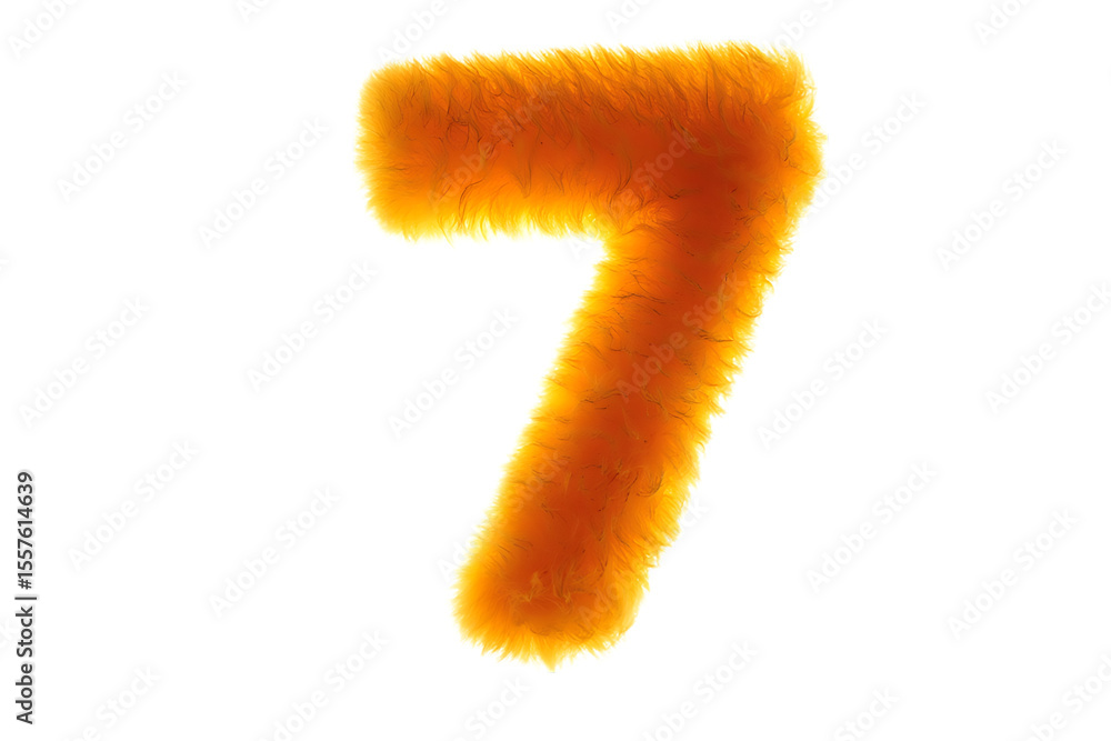 Poster fluffy orange number seven with glowing edges isolated on a transparent background fuzzy