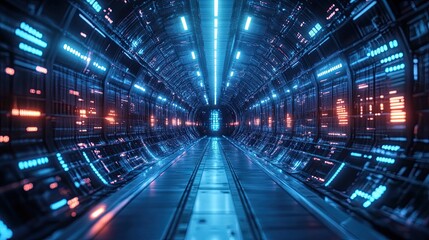 Sci-fi corridor passageway with glowing blue light, futuristic interior design concept for space or digital interface