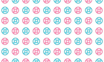 Seamless Pattern with Pink and Blue Float Rings in Pixel Art, Cute Summer Wallpaper or Background