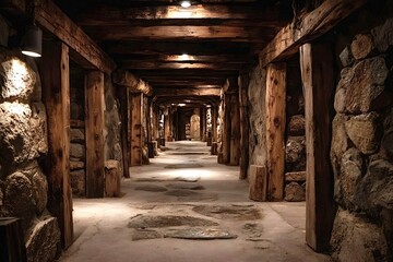 Wooden support beams lining an ancient stone walled tunnel, dimly lit by hanging lights, evoke a mysterious and historic atmosphere, inviting exploration of its hidden depths