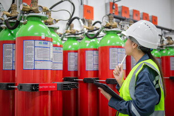 Worker in protective gear performs fire protection gas inspection carefully holding tablet and pen...