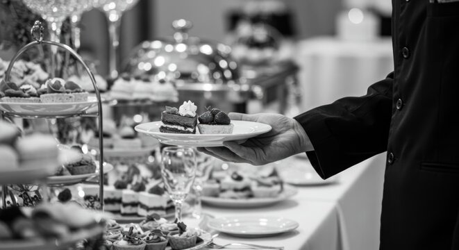 Person interacting with food buffet table monochrome